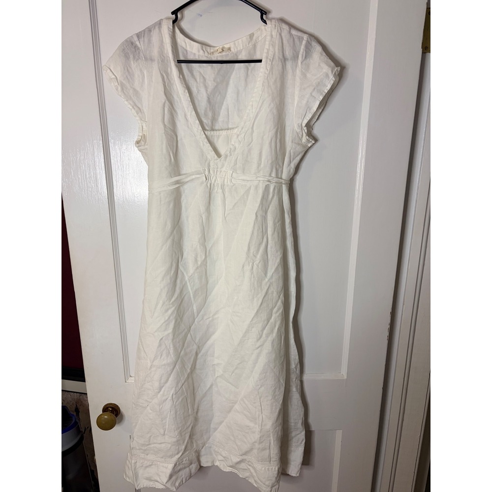 Eileen Fisher White Irish Linen V-Neck Maxi Dress S9AL-D0954M White Medium